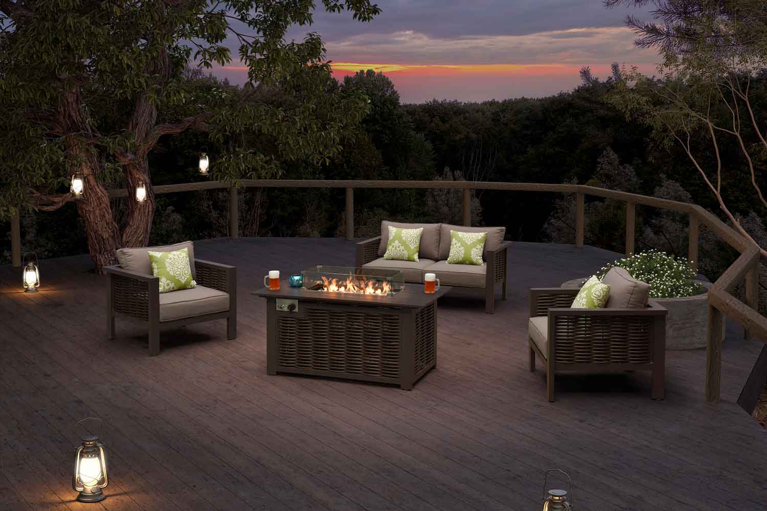 Moderne Rattan-Möbel Outdoor Gartentisch Mit Rechteckiger Feuertisch