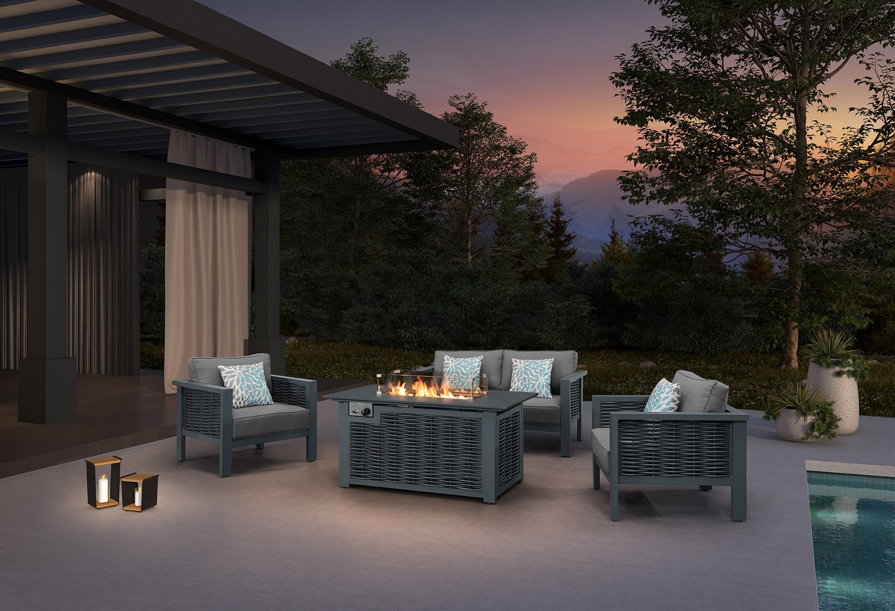 Modern Rattan Furniture Outdoor Garden Tables With Rectangular Fire Pit